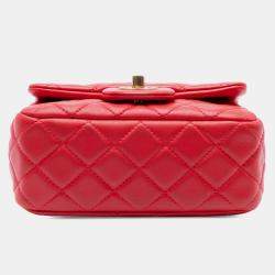 Pre Owned Chanel Red Mini Square Classic Lambskin Pearl Crush Single Flap