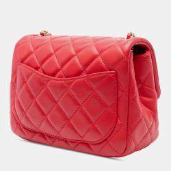 Pre Owned Chanel Red Mini Square Classic Lambskin Pearl Crush Single Flap