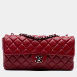 Pre Owned Chanel Red Classic Caviar East West Single Flap