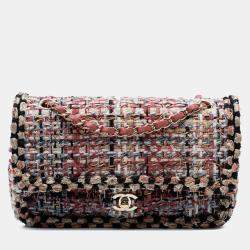 Pre Owned Chanel Brown Medium Classic Tweed Braided Double Flap