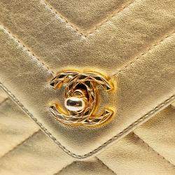 Pre Owned Chanel Gold Chevron Metallic Lambskin Tassel Chain Camera Bag