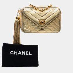 Pre Owned Chanel Gold Chevron Metallic Lambskin Tassel Chain Camera Bag