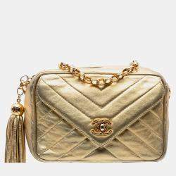 Pre Owned Chanel Gold Chevron Metallic Lambskin Tassel Chain Camera Bag