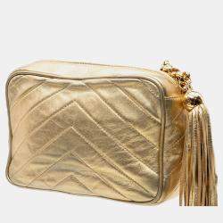 Pre Owned Chanel Gold Chevron Metallic Lambskin Tassel Chain Camera Bag