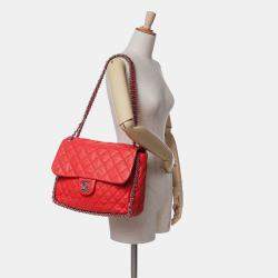 Pre Owned Chanel Red Maxi Washed Lambskin Chain Around Flap