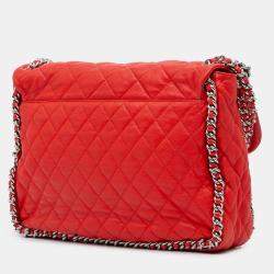 Pre Owned Chanel Red Maxi Washed Lambskin Chain Around Flap