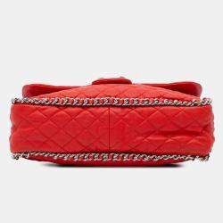 Pre Owned Chanel Red Maxi Washed Lambskin Chain Around Flap