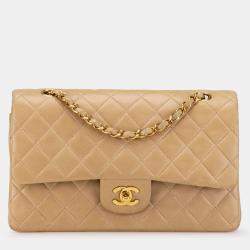 Pre Owned Chanel Beige Medium Classic Lambskin Double Flap