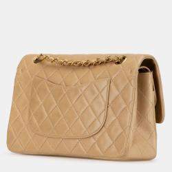 Pre Owned Chanel Beige Medium Classic Lambskin Double Flap