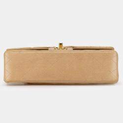 Pre Owned Chanel Beige Medium Classic Lambskin Double Flap