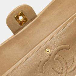 Pre Owned Chanel Beige Medium Classic Lambskin Double Flap