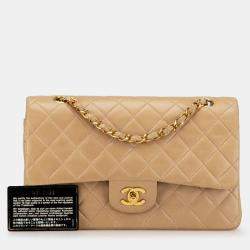 Pre Owned Chanel Beige Medium Classic Lambskin Double Flap