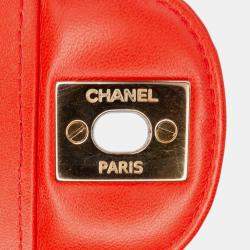 Pre Owned Chanel Orange Small Classic Chevron Lambskin Double Flap