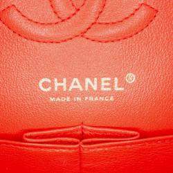 Pre Owned Chanel Orange Small Classic Chevron Lambskin Double Flap