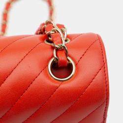Pre Owned Chanel Orange Small Classic Chevron Lambskin Double Flap