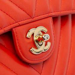Pre Owned Chanel Orange Small Classic Chevron Lambskin Double Flap