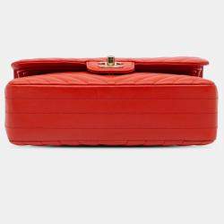 Pre Owned Chanel Orange Small Classic Chevron Lambskin Double Flap