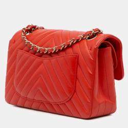 Pre Owned Chanel Orange Small Classic Chevron Lambskin Double Flap