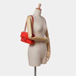 Pre Owned Chanel Orange Small Classic Chevron Lambskin Double Flap