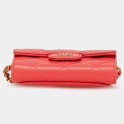 Pre Owned Chanel Red Quilted Lambskin Flap Card Holder on Chain