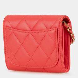 Pre Owned Chanel Red Quilted Lambskin Flap Card Holder on Chain