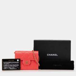 Pre Owned Chanel Red Quilted Lambskin Flap Card Holder on Chain