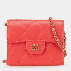 Pre Owned Chanel Red Quilted Lambskin Flap Card Holder on Chain