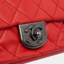 Pre Owned Chanel Red Small Quilted Goatskin Double Carry Waist Chain Flap