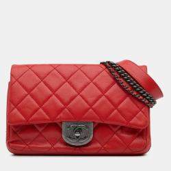 Pre Owned Chanel Red Small Quilted Goatskin Double Carry Waist Chain Flap