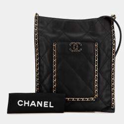 Pre Owned Chanel Black Quilted Calfskin Chain Flat Shoulder Bag
