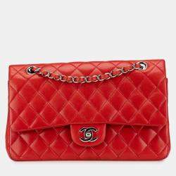 Pre Owned Chanel Red Medium Classic Lambskin Double Flap