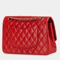 Pre Owned Chanel Red Medium Classic Lambskin Double Flap