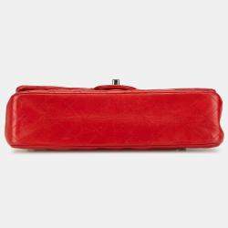 Pre Owned Chanel Red Medium Classic Lambskin Double Flap