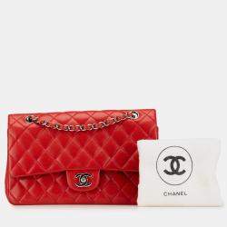 Pre Owned Chanel Red Medium Classic Lambskin Double Flap