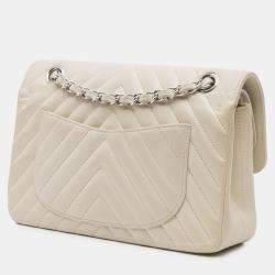 Pre Owned Chanel White Small Classic Chevron Lambskin Double Flap