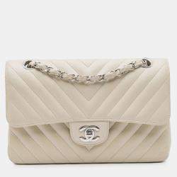 Pre Owned Chanel White Small Classic Chevron Lambskin Double Flap