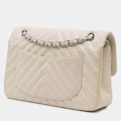 Pre Owned Chanel White Small Classic Chevron Lambskin Double Flap