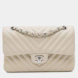 Pre Owned Chanel White Small Classic Chevron Lambskin Double Flap