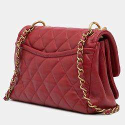 Pre Owned Chanel Red Small Quilted Lambskin Chain Link Flap