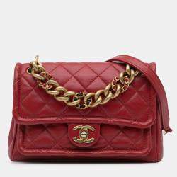 Pre Owned Chanel Red Small Quilted Lambskin Chain Link Flap