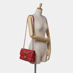 Pre Owned Chanel Red Small Quilted Lambskin Chain Link Flap