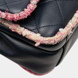 Pre Owned Chanel Blue Quilted Lambskin and Tweed Elegant Trim Flap