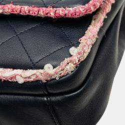 Pre Owned Chanel Blue Quilted Lambskin and Tweed Elegant Trim Flap