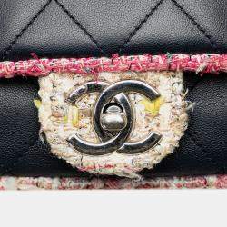 Pre Owned Chanel Blue Quilted Lambskin and Tweed Elegant Trim Flap