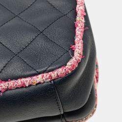 Pre Owned Chanel Blue Quilted Lambskin and Tweed Elegant Trim Flap