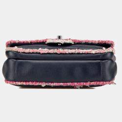 Pre Owned Chanel Blue Quilted Lambskin and Tweed Elegant Trim Flap