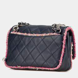 Pre Owned Chanel Blue Quilted Lambskin and Tweed Elegant Trim Flap