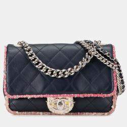 Pre Owned Chanel Blue Quilted Lambskin and Tweed Elegant Trim Flap