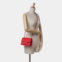 Pre Owned Chanel Red Mini Square Classic Lambskin Flap
