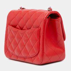 Pre Owned Chanel Red Mini Square Classic Lambskin Flap
